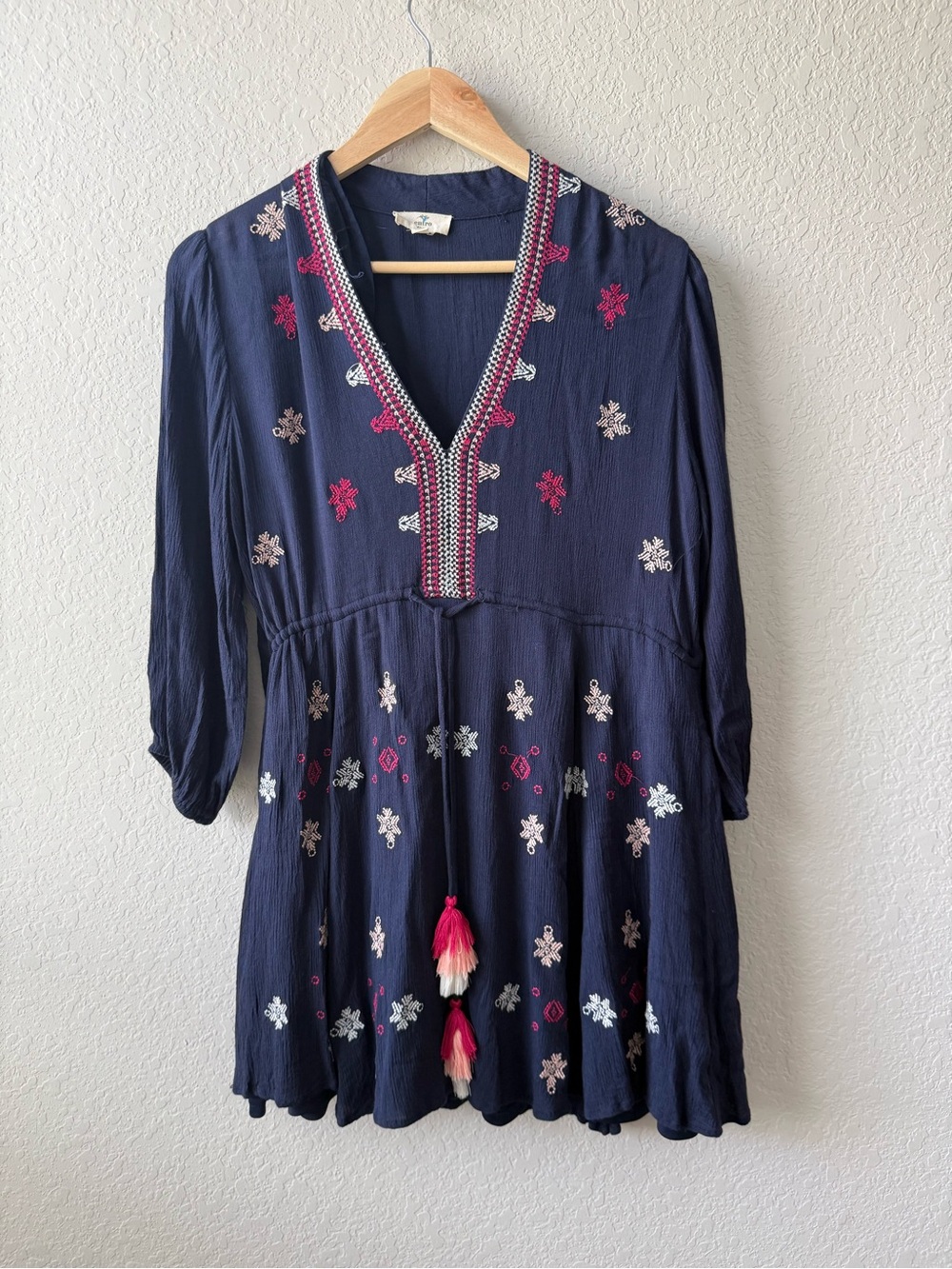 entro Navy Blue Embroidered Peasant Boho Tassel Dress